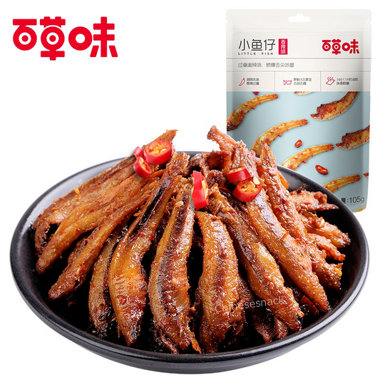 105g x 2 Bags Baicaowei Spicy Dried Little Fish Casual Snacks 百草味香辣味小鱼干小鱼仔